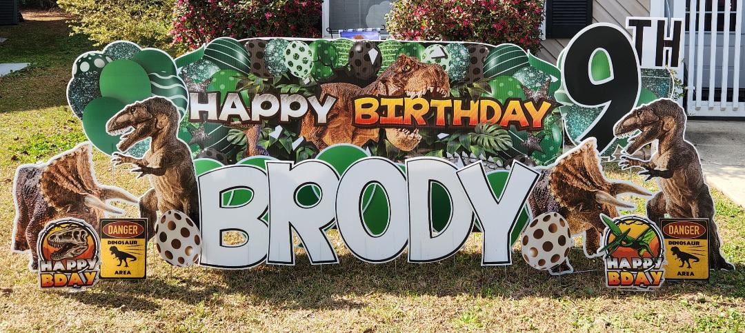 Dinosaur yard card by Yard Greetings in the Grand Strand